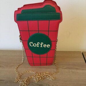 Red Coffee Cup Crossbody Bag with Gold-tone Chain Strap NWOT